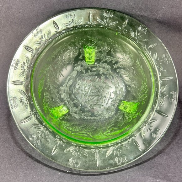 Vtg US Glass Rose Thorn Green Depression Vaseline Uranium Bowl 3 Toe Footed 30s - Picture 2 of 16